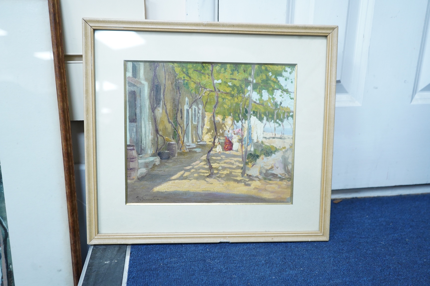 Italian School, ‘St. Marguerite and Parenzo’, each indistinctly signed and inscribed, pair of watercolours together with a similar impressionist oil, Figures before buildings, 21 x 24cm